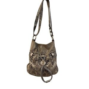 B. Makowsky Snakeskin Embossed Leather Crossbody Bag Metallic Brown Silver Hobo